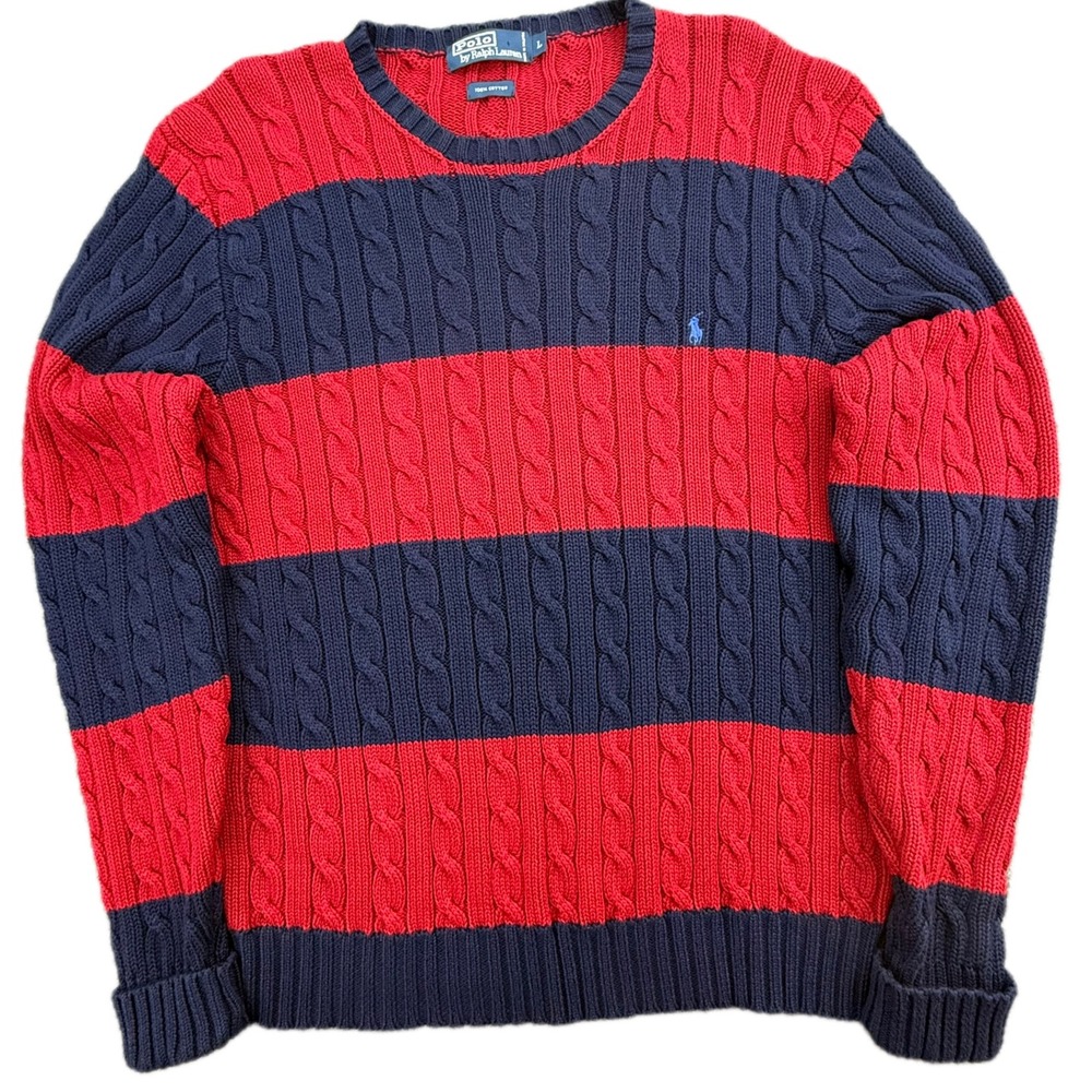 Polo Ralph Lauren Sweater Mens L Red Navy Blue Striped Cable Knit Cotton